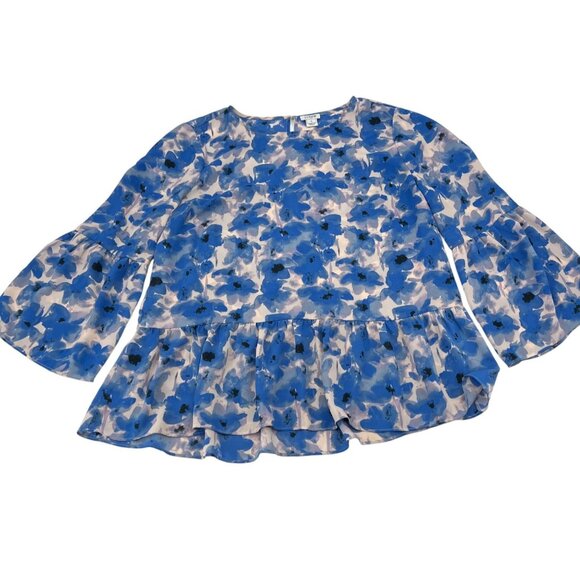 J.Crew Womens Blue Floral Ruffle Hem Blouse With Bell Sleeves & Tiered Design M - Picture 1 of 8